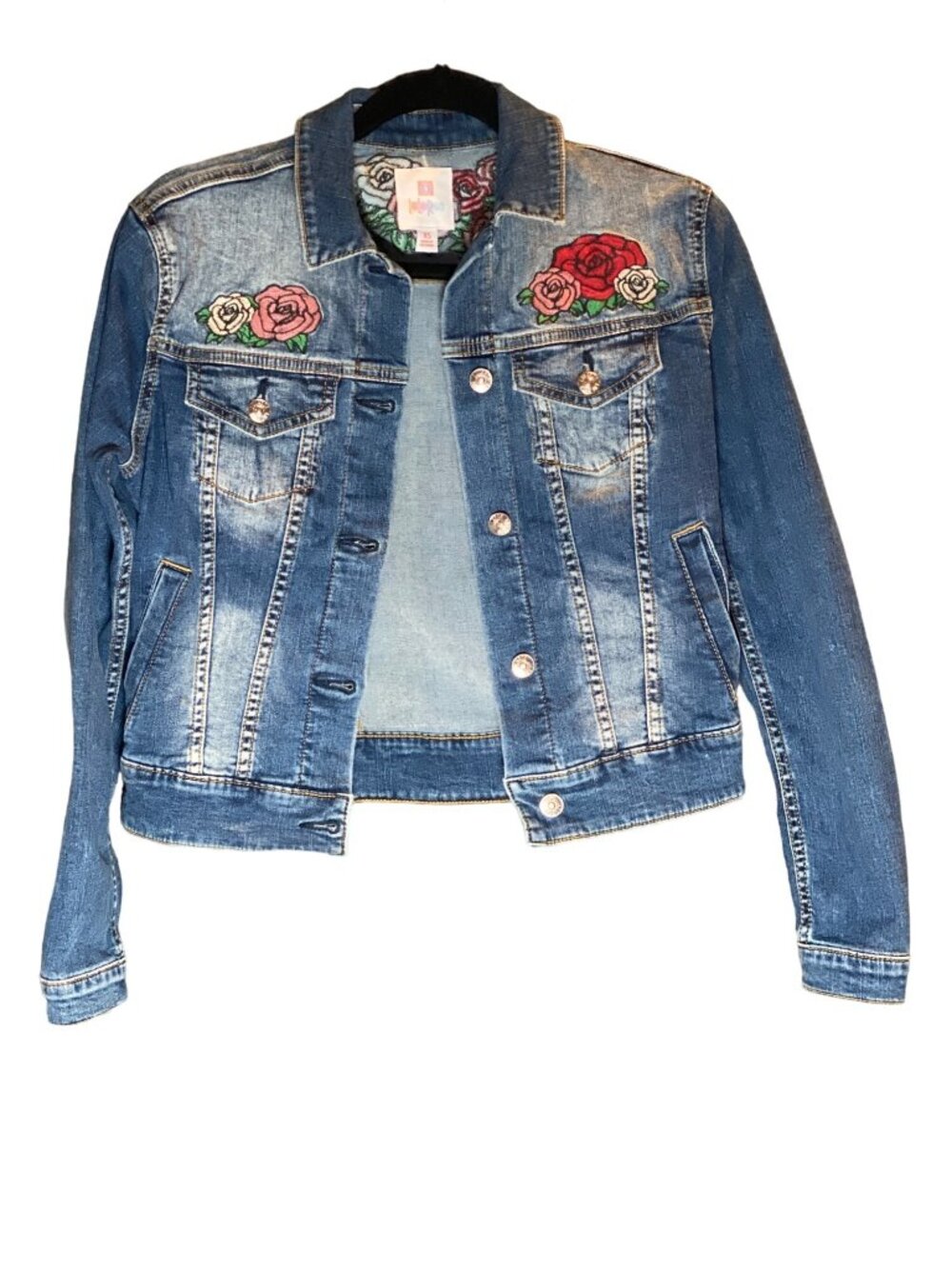 LulaRoe Harvey WOMEN Blue Stonewashed Denim Jacket XS Embroidery Rose NEW